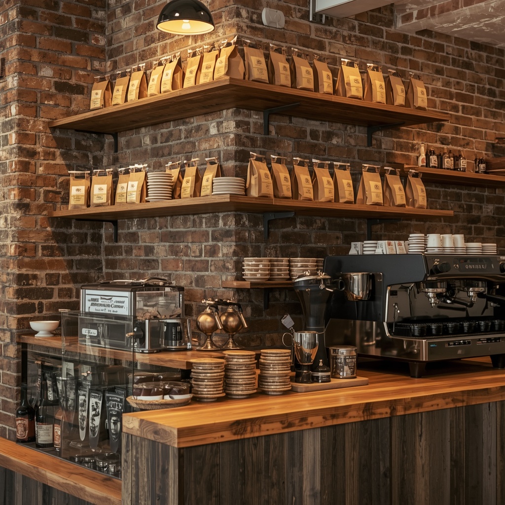 Warm rustic coffee shop interior with exposed brick walls wooden shelves displaying coffee bags and a professional espresso machine on the counter